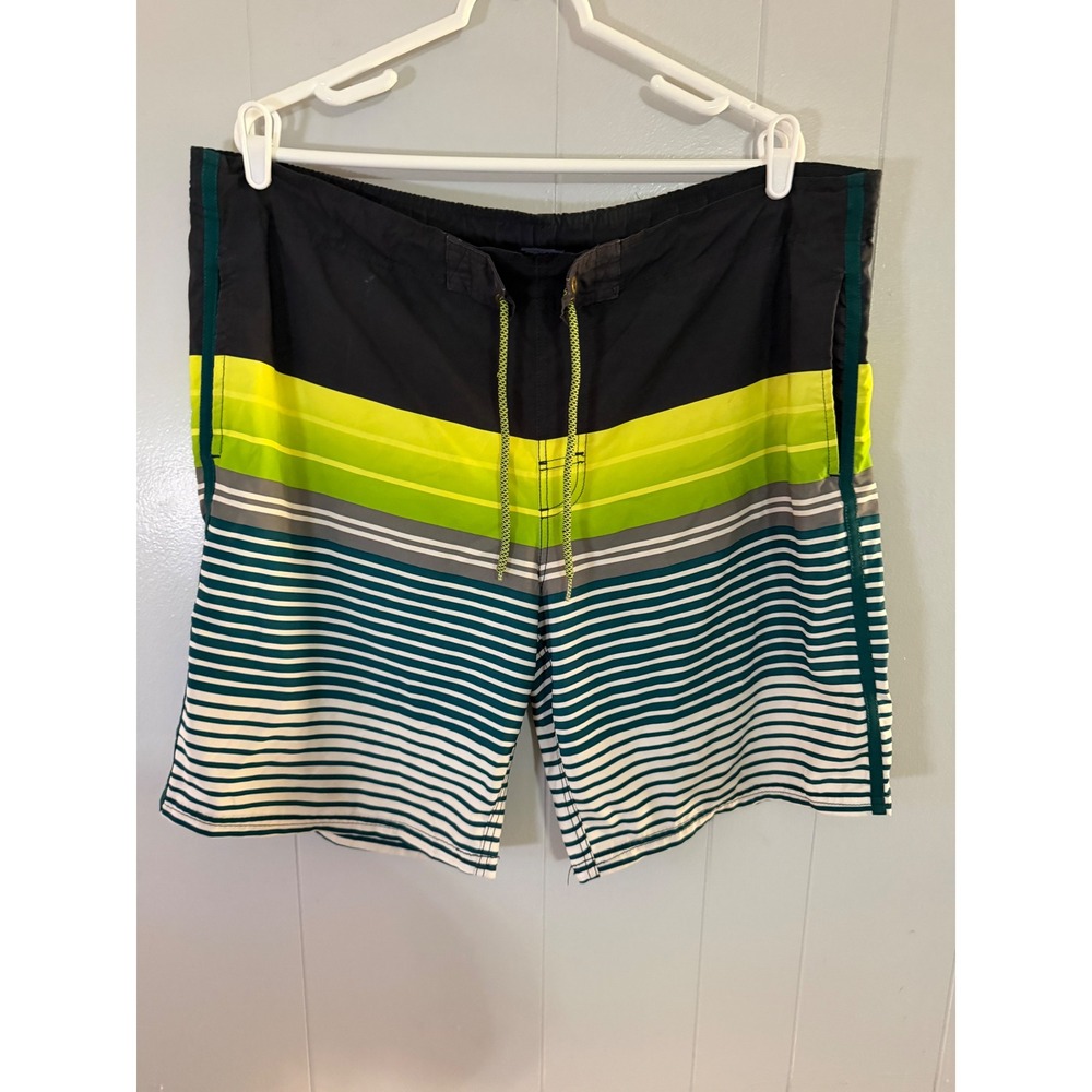 George Board Shorts Mens Size L Black Neon Green Striped‎ Swim Trunks